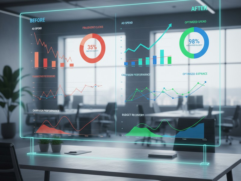 Ad spend savings dashboard showing click fraud protection ROI
