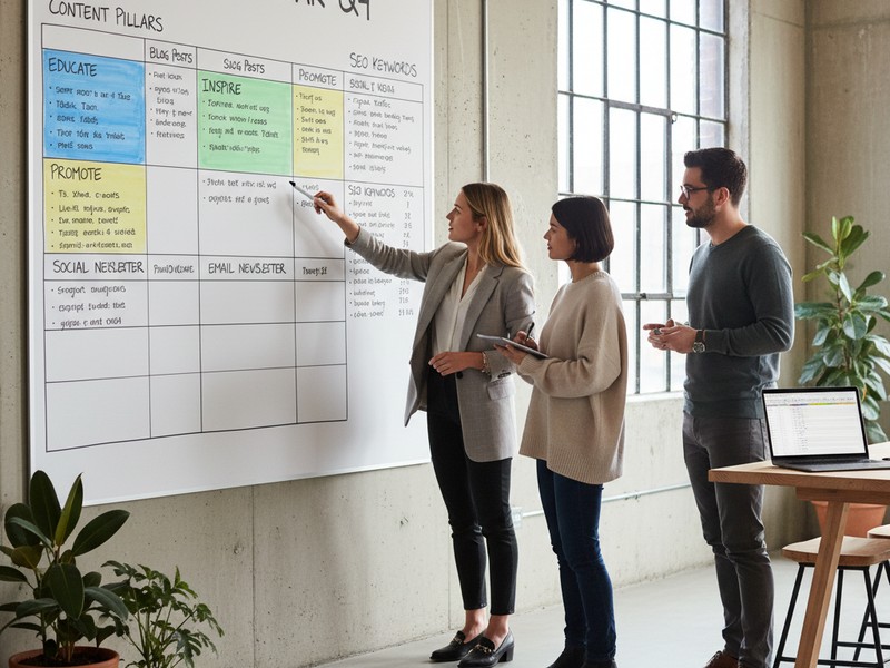 Content strategists planning editorial calendar and content pillars