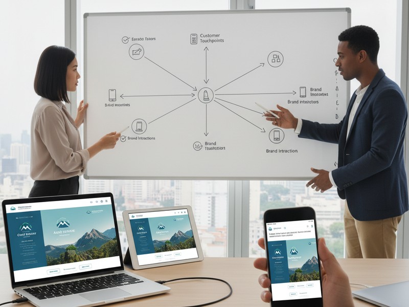 Cross-device remarketing showing connected user journey across laptop, tablet and phone