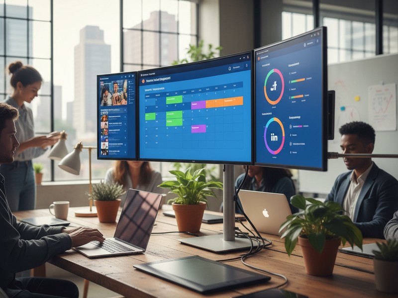 Social media content calendar and management dashboard showing scheduled posts