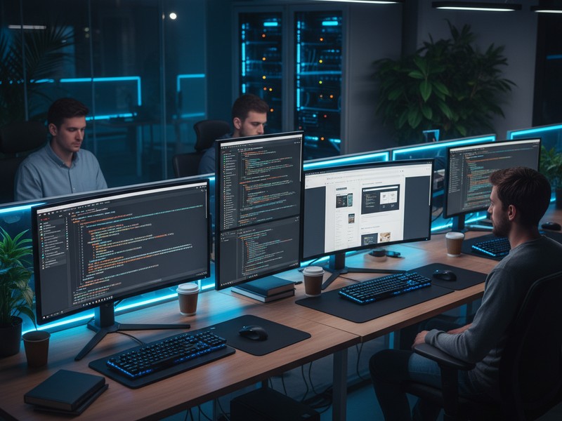 Web developers coding on ultrawide monitors with responsive layouts